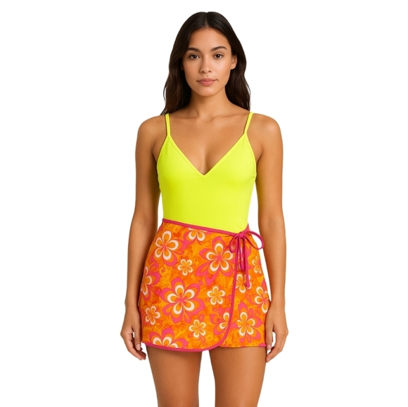 🍁Brody Surf Y2K Hawaiian Floral Pink and Orange Women's Swim Cover-Up Skirt - Picture 1 of 8